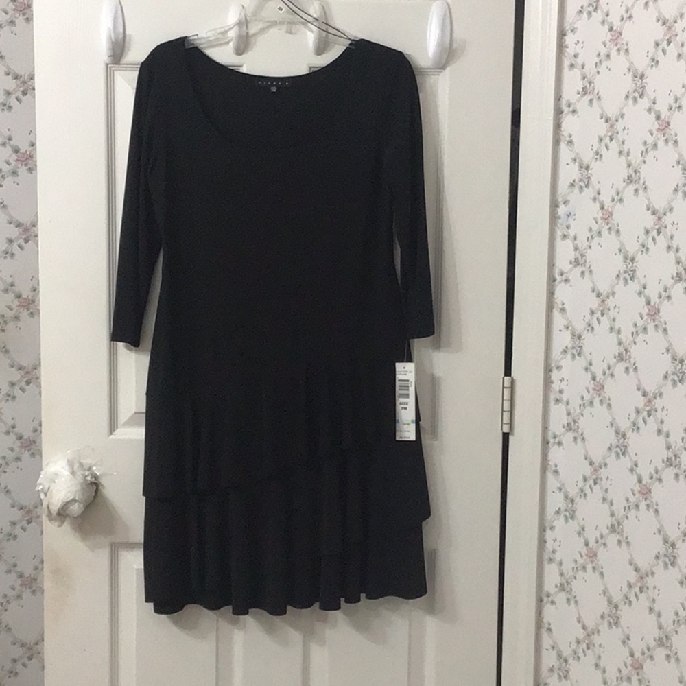 NWT Tiana B Sz PM Black Ballet Style Ruffled Bottom Scoop Necked Y2K Midi Dress.